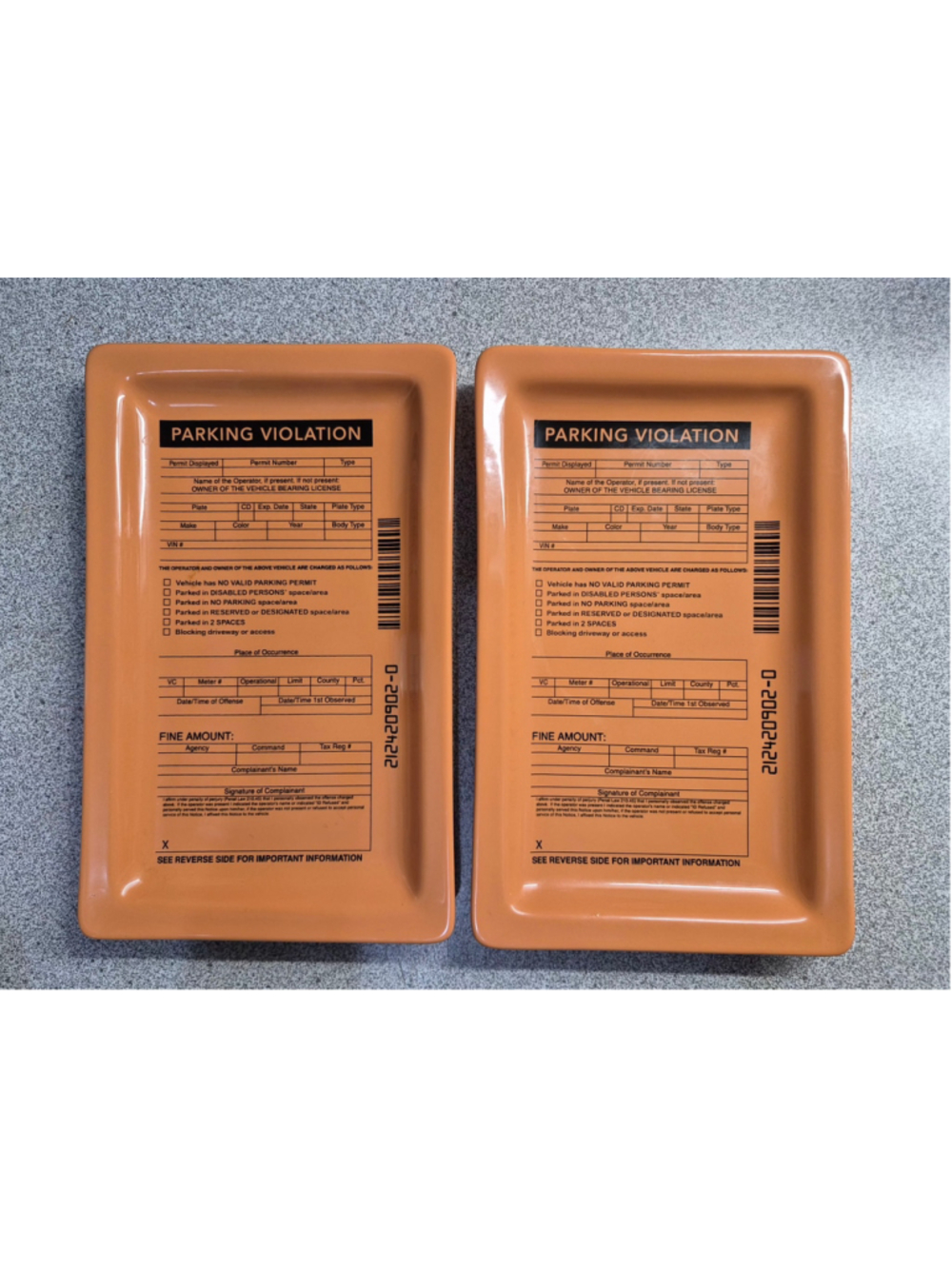 Fishs Eddy Parking Violation Ceramic Tray set Orange Black